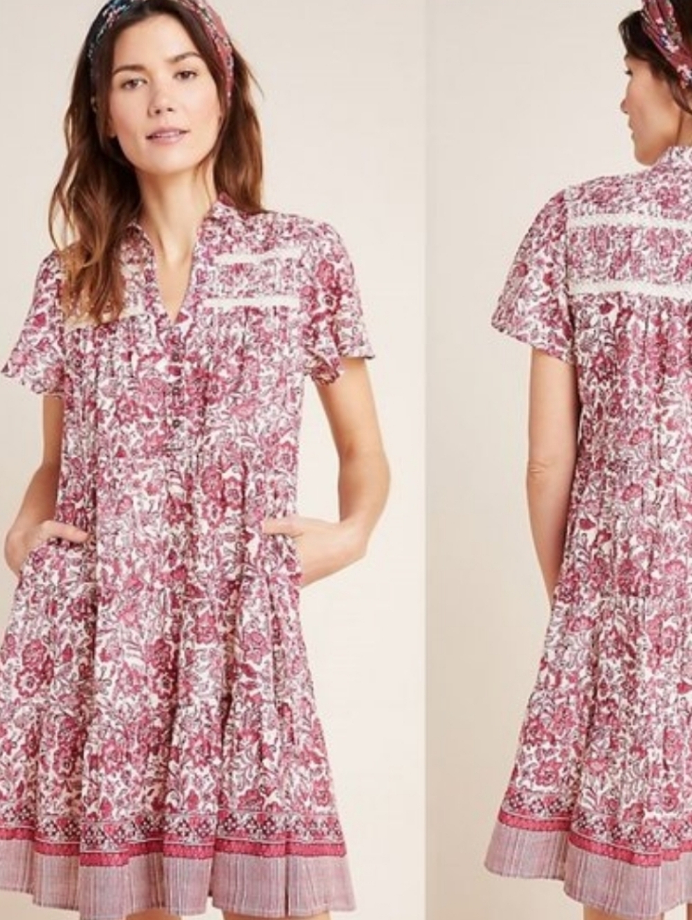 Anthropologie Georgina Tiered Shirtdress Red Rose Mini Blockprint XS
